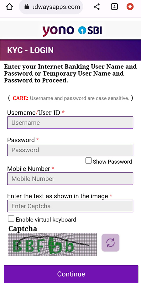 Pakistan based site collecting SBI yono credentials